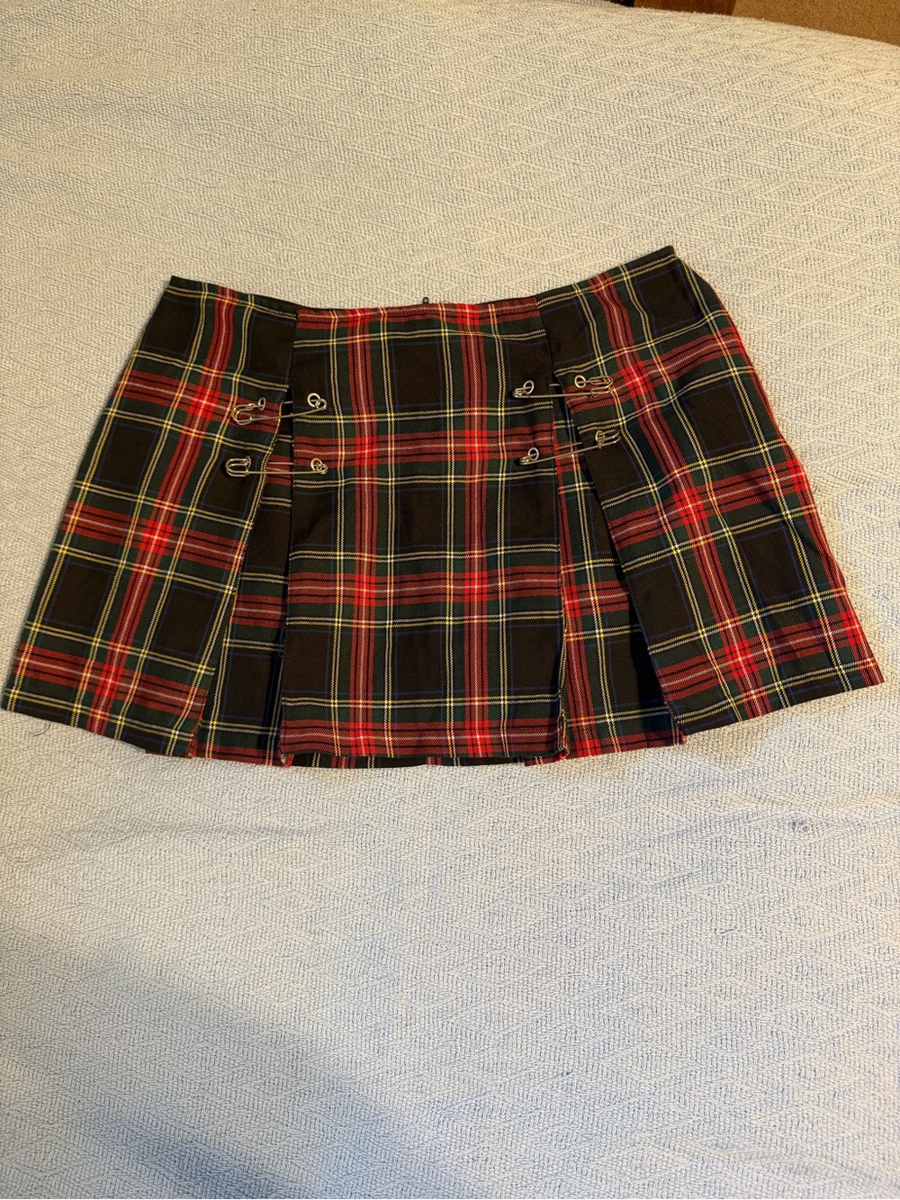 Plaid Pleated Mini Skirt with Metal Detail - Red/Black